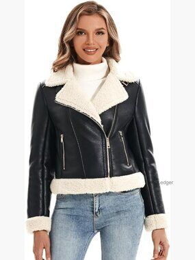 Faux Shearling Moto Jacket Thick Fur Lined Coat Sherpa Leather Jacket